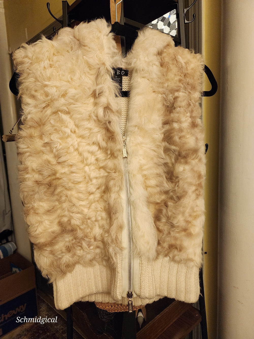 Lamb Fur Trim Knit‎ Zip Vest in Cream Dolce Cabo Y2k 90s Luxury